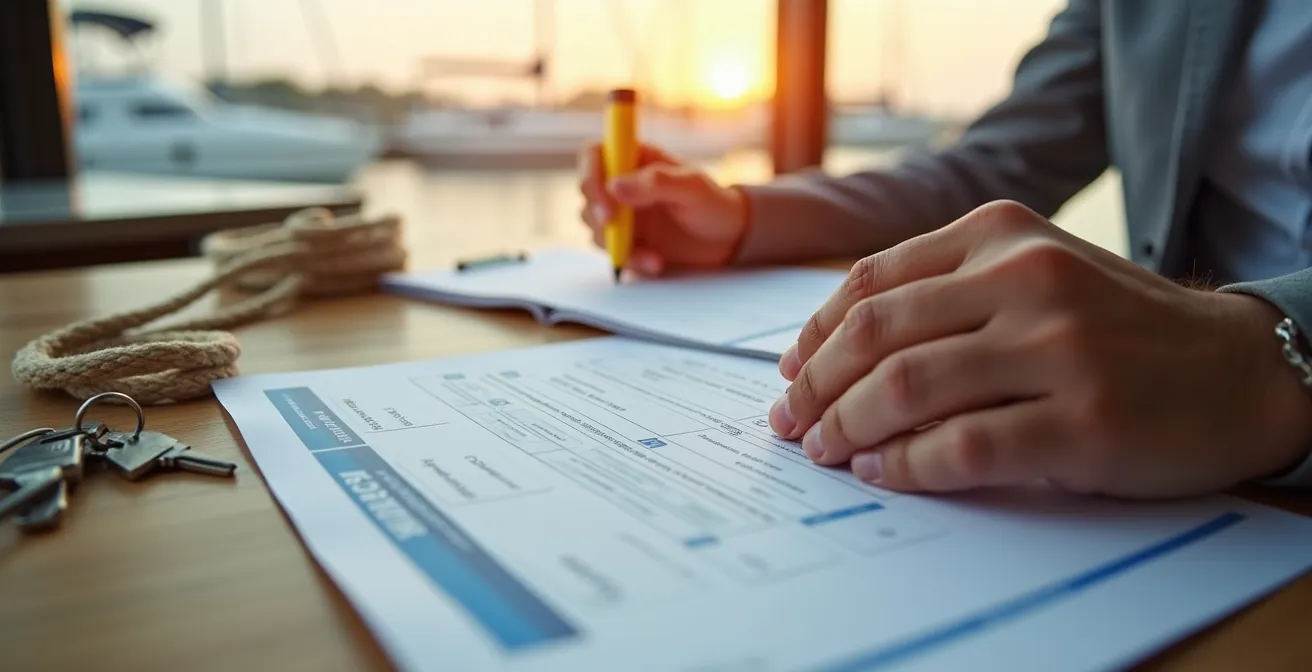 Gros plan sur des mains tenant des papiers d'assurance bateau avec surligneur