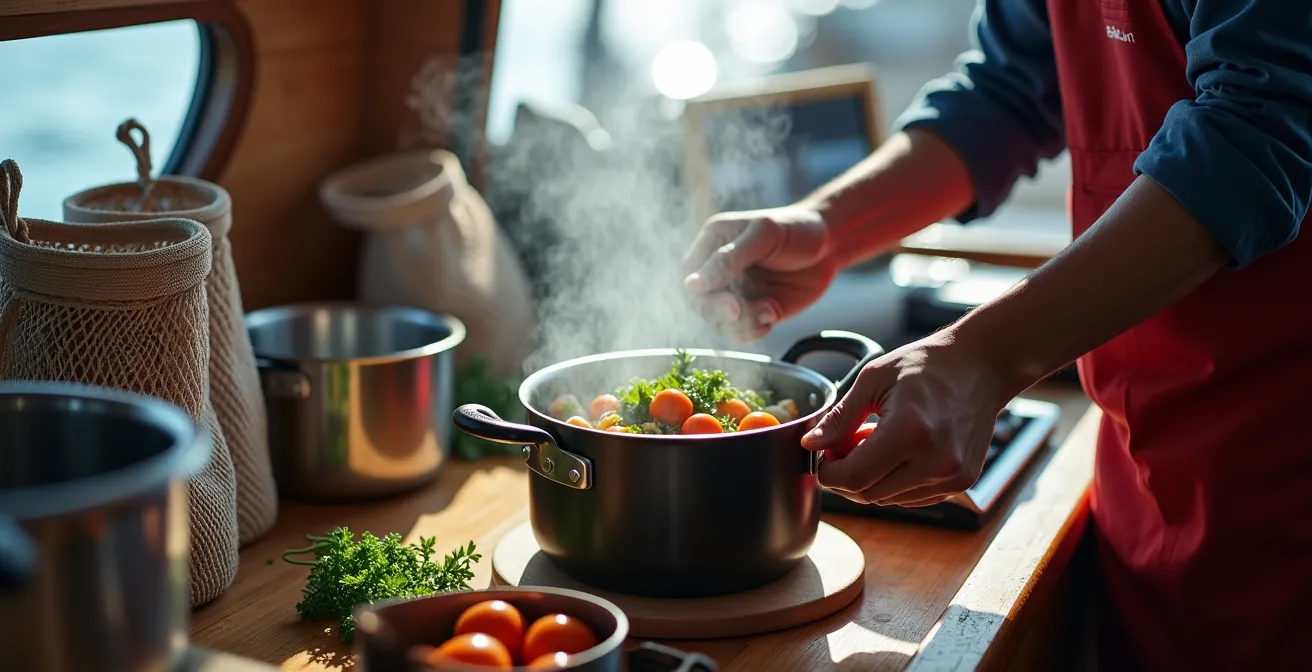 Cuisine de voilier avec ustensiles sécurisés et organisation optimale pour la navigation