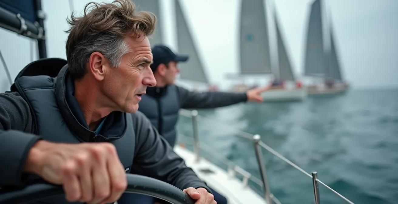 Ligne de départ saturée avec des dizaines de voiliers de régate cherchant leur position