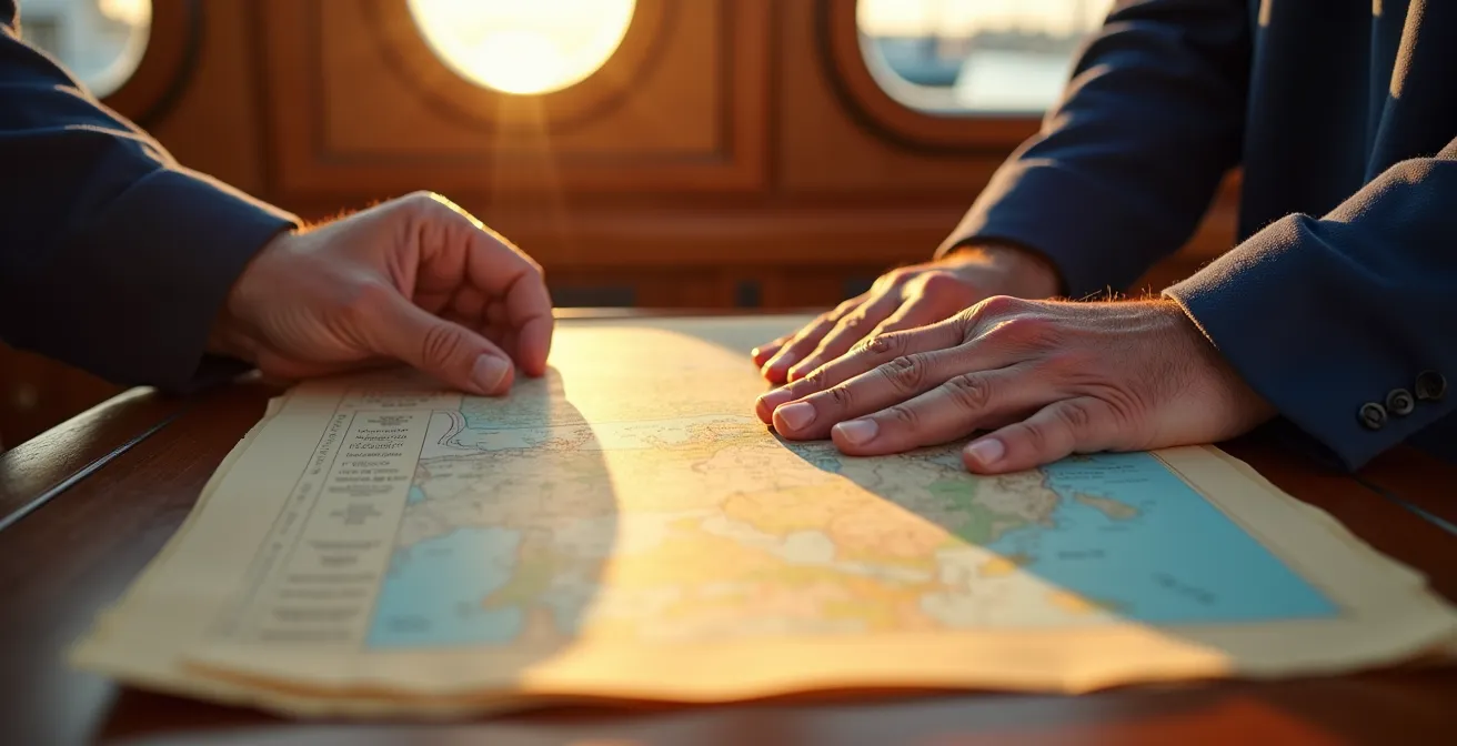 Table de navigation avec documents de voyage maritime et pavillon de courtoisie