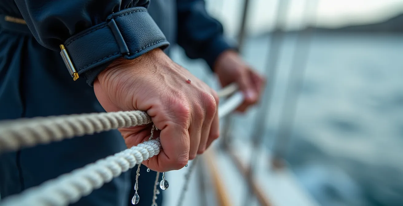 Équipage en pleine manœuvre de virement de bord parfaitement synchronisé