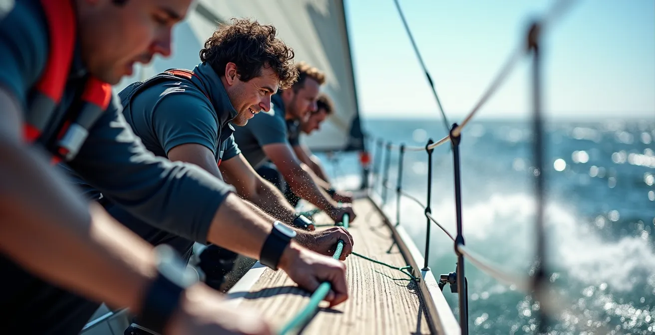 Équipage en pleine manœuvre coordonnée sur un voilier de course français