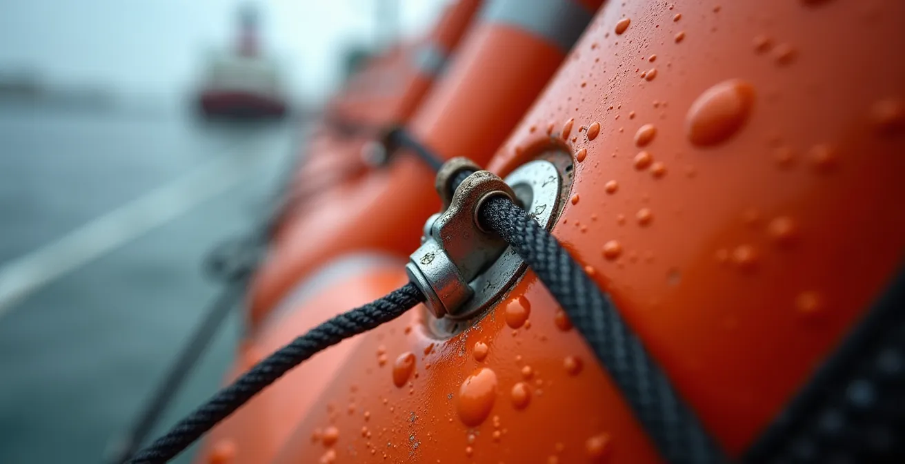 Radeau de survie gonflable type I sur le pont d'un voilier avec équipements de sécurité