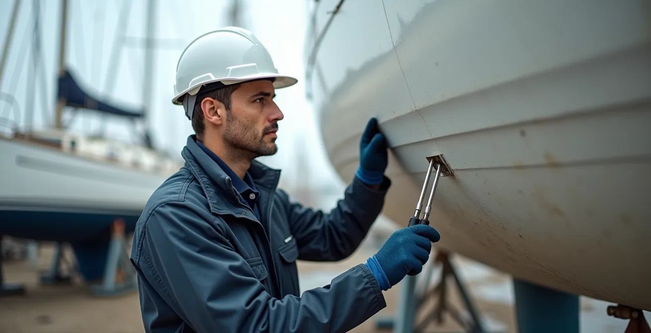 Expert maritime inspectant la coque d'un voilier dans un chantier naval français