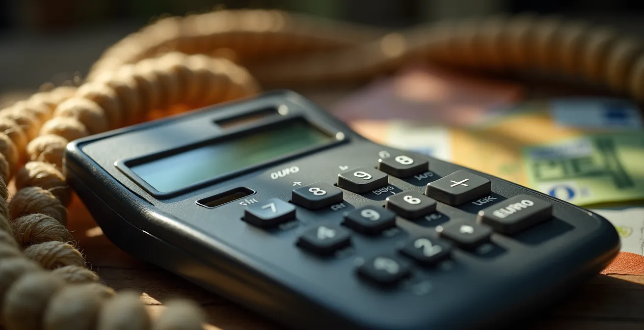 Vue macro d'une calculatrice et billets euros sur table avec cordage marin