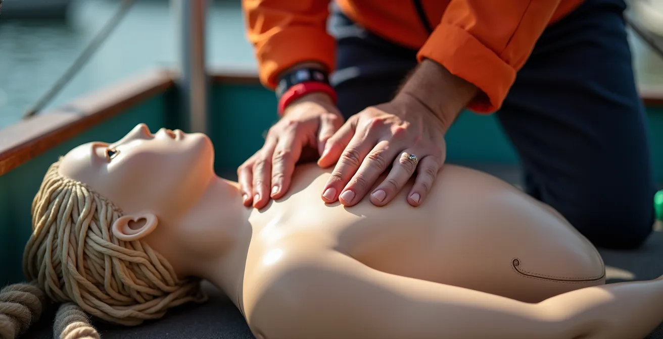 Formation aux premiers secours en mer avec mannequin de réanimation sur un ponton