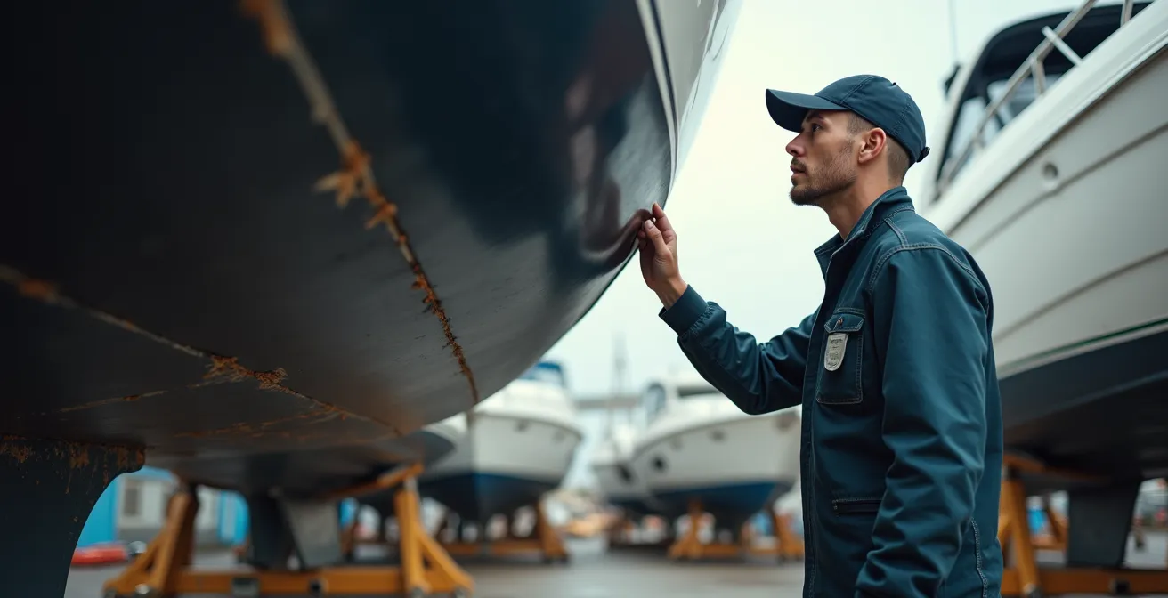Vue en contre-plongée d'un expert inspectant la carène d'un voilier sur ber