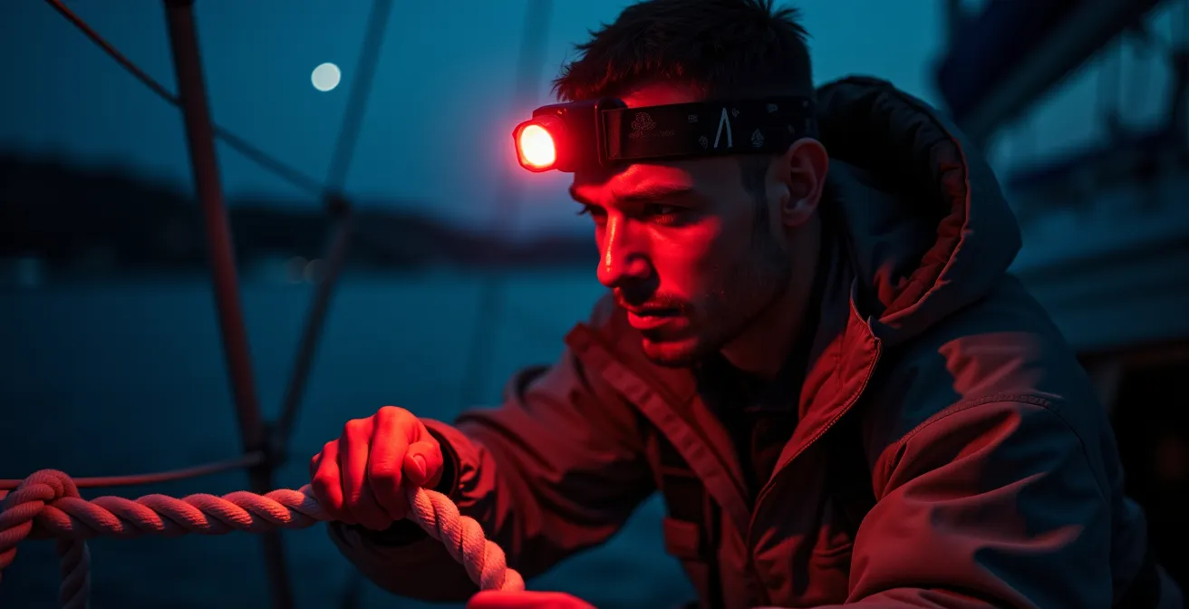 Marin portant une lampe frontale effectuant des manœuvres de nuit sur le pont d'un voilier