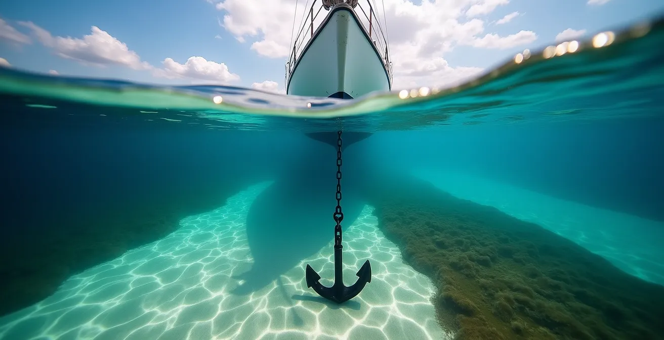 Vue sous-marine d'une ancre posée sur fond sableux préservant les herbiers