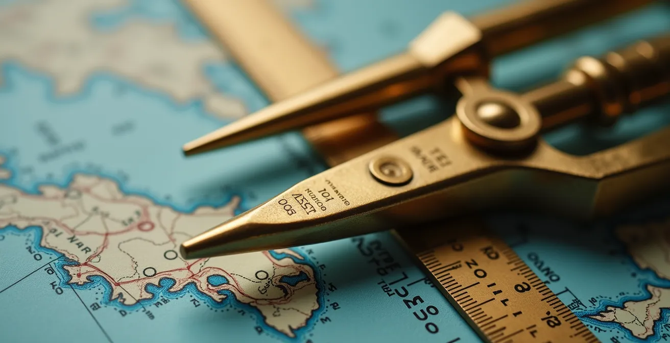 Navigateur traçant une route sur une carte marine avec compas et règle