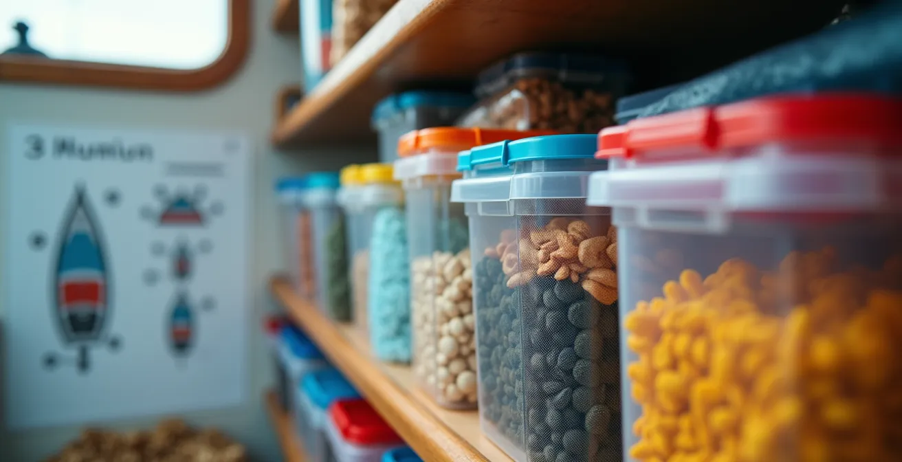 Vue détaillée de l'organisation méthodique des coffres de stockage d'un voilier avec système de numérotation