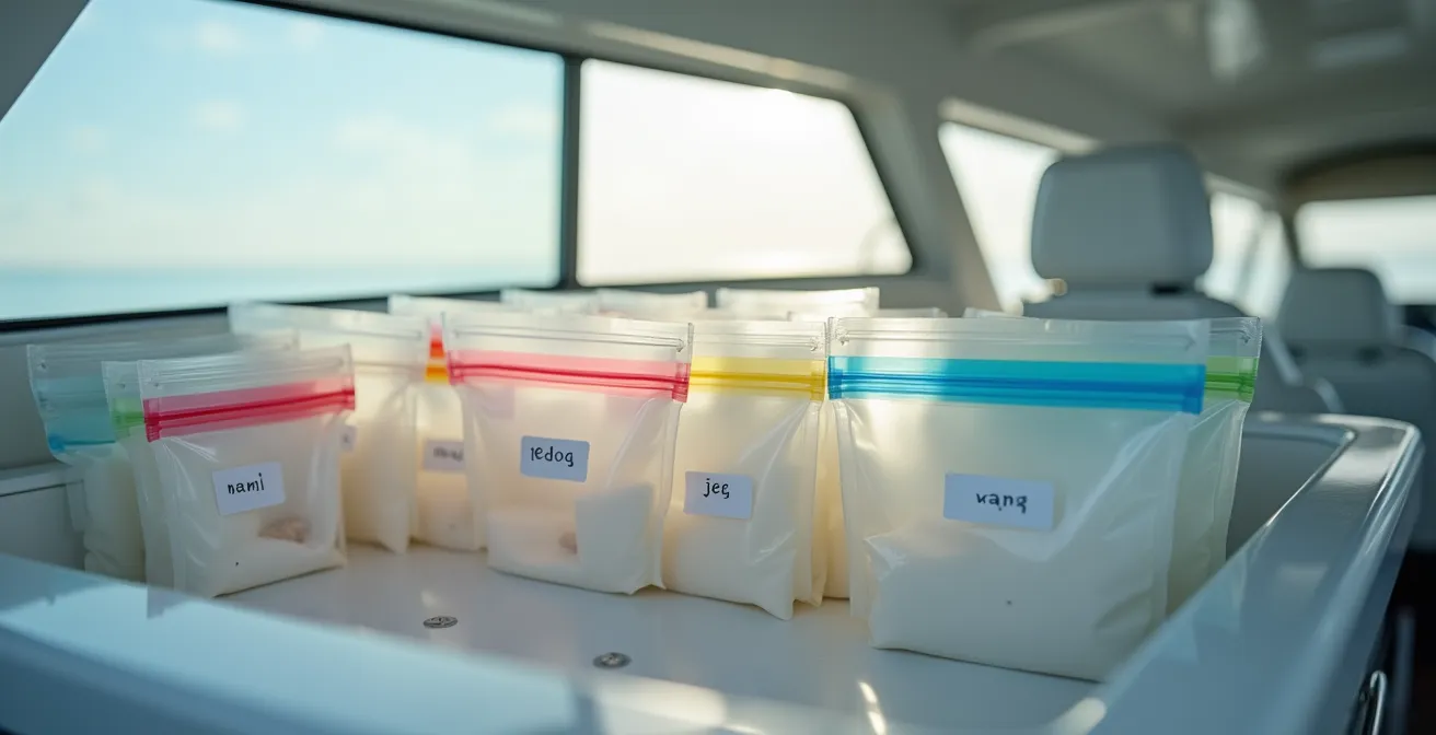Vue d'ensemble d'une pharmacie de bord organisée avec système de rangement par couleur