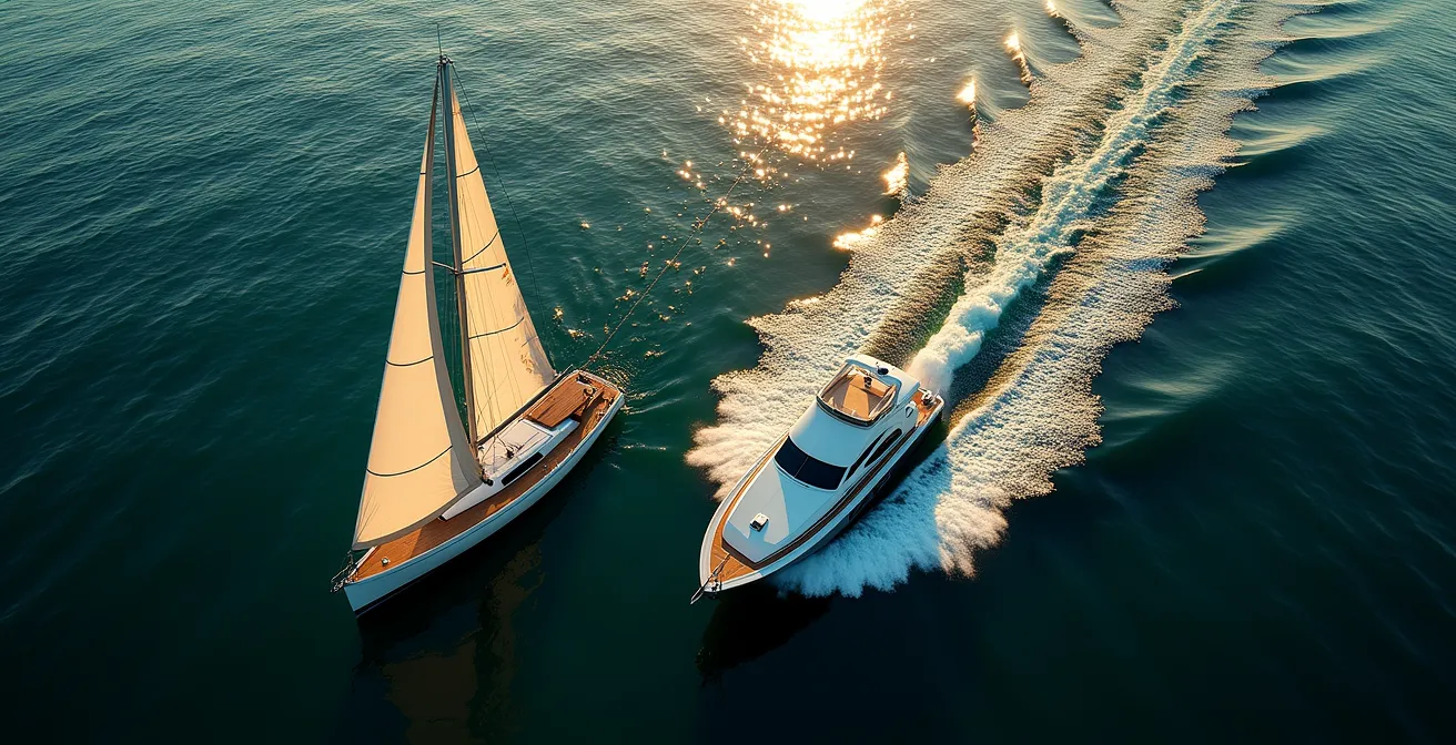 Illustration montrant un voilier et un bateau à moteur en situation de croisement avec visualisation des règles de priorité