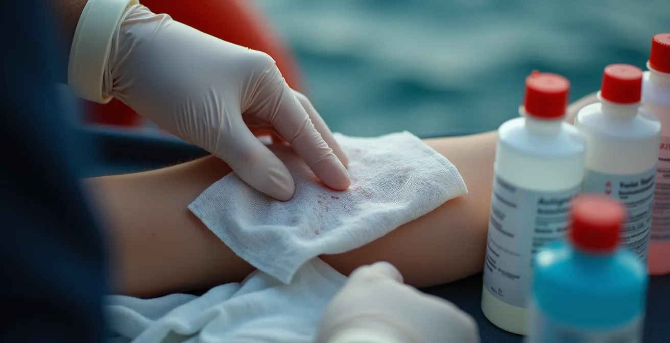 Gros plan sur des mains appliquant un protocole de soins sur une plaie en milieu marin