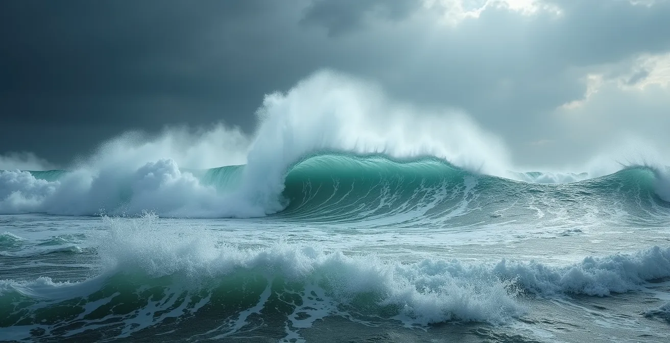 Mer déchaînée avec vagues pyramidales au Raz Blanchard illustrant le danger du vent contre courant