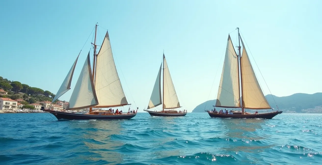 Vue large de yachts classiques en régate avec leurs voiles traditionnelles déployées dans la baie