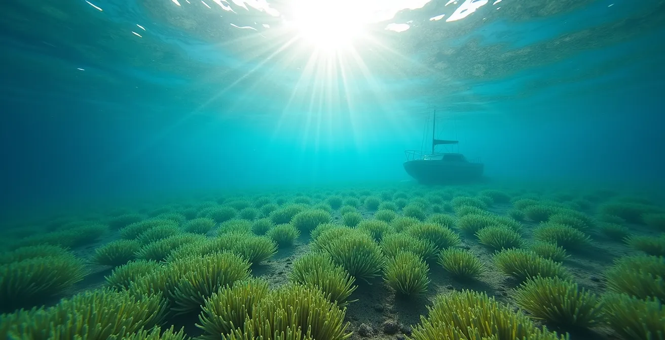 Vue sous-marine d'un herbier de posidonie protégé en Méditerranée avec bateau en surface