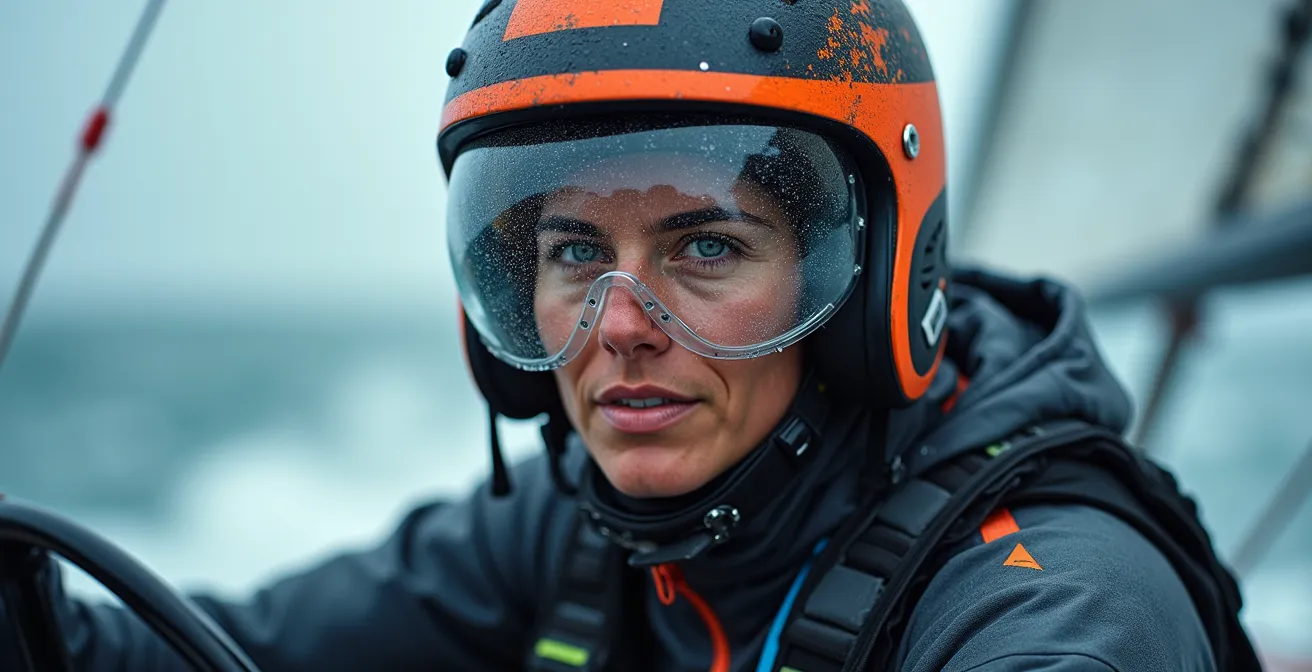 Skipper en combinaison étanche dans le cockpit protégé d'un trimaran par forte mer