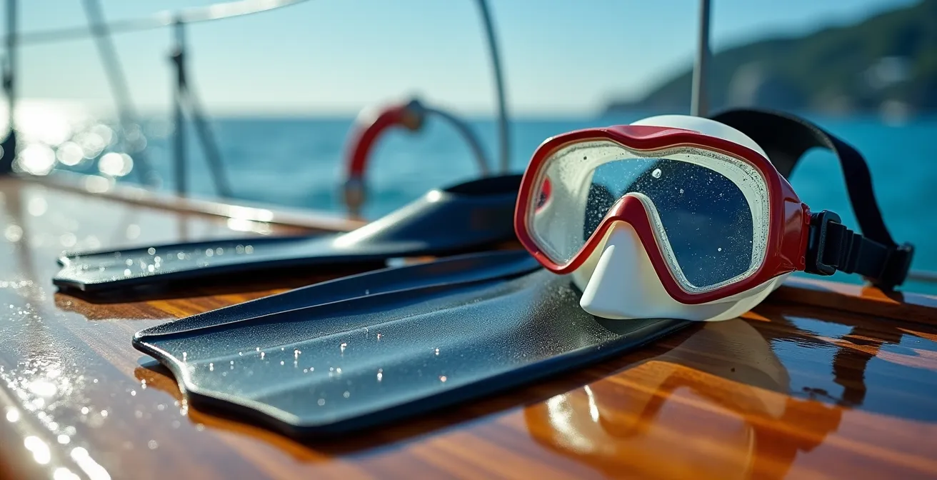 Équipement de snorkeling disposé sur le pont d'un voilier avec vue sur les calanques