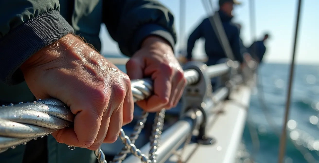 Équipage en pleine manœuvre de régate sur un voilier de course