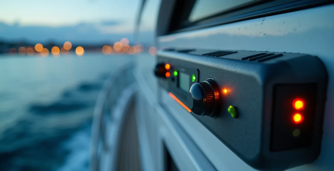 Vue macro d'un transpondeur AIS Classe B+ en action sur un voilier