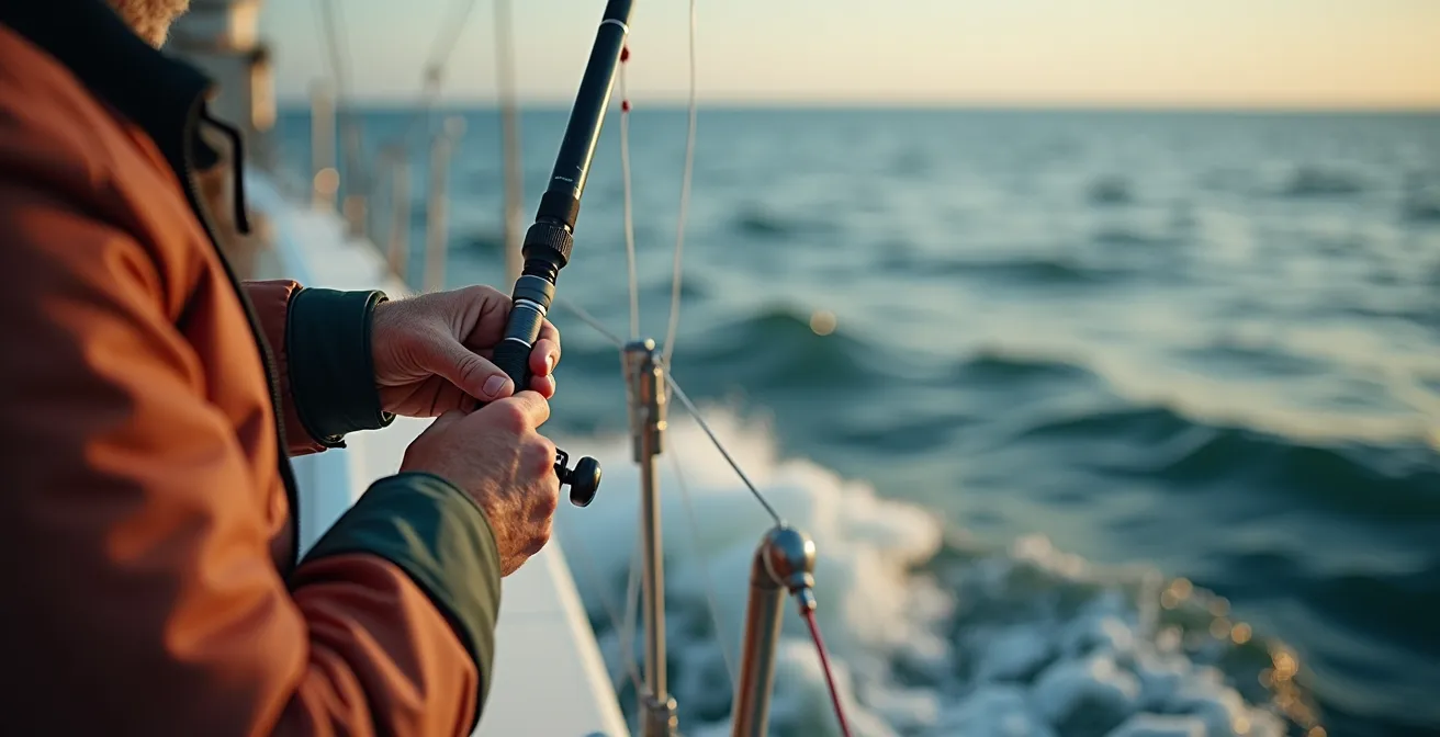 Ligne de pêche à la traîne déployée depuis un voilier naviguant au large