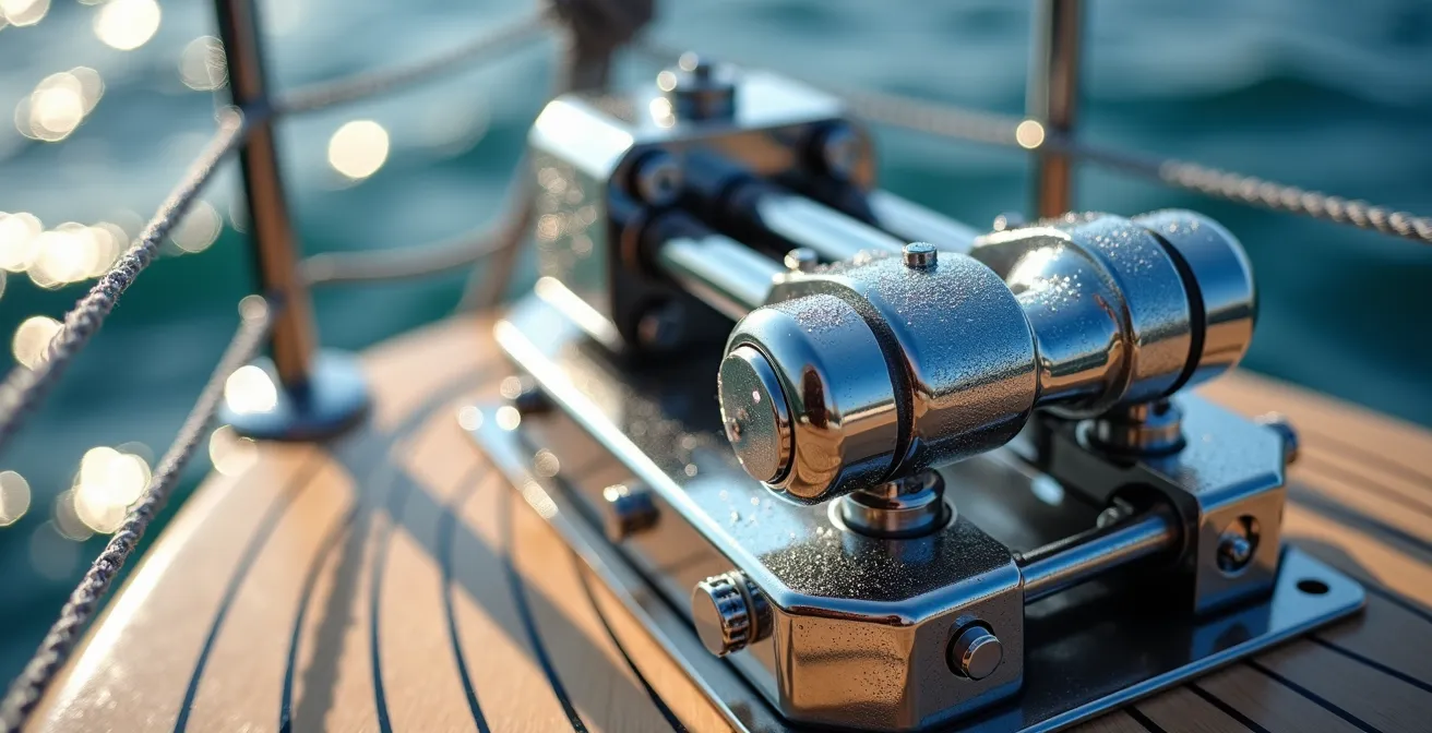 Gros plan sur un winch hydraulique en action avec des cordages techniques sur un pont de yacht