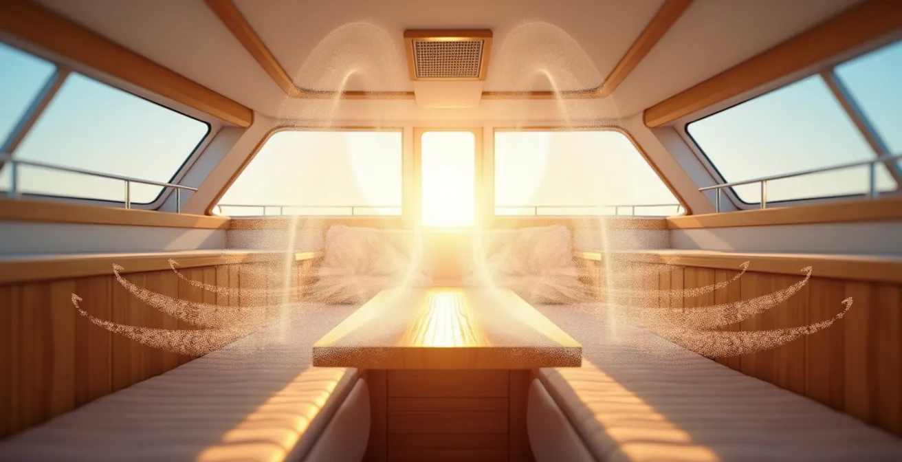 Coupe transversale d'un voilier montrant la circulation naturelle de l'air par effet de convection