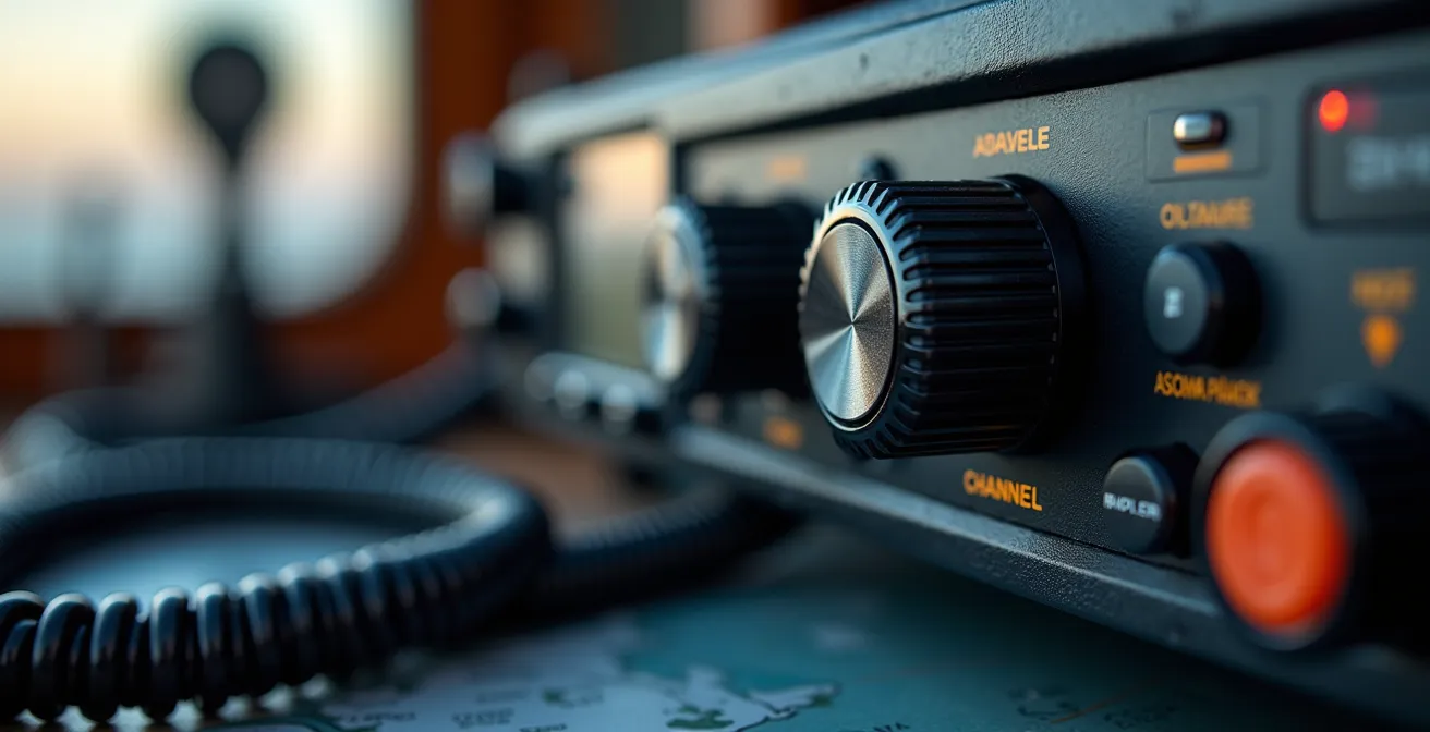 Poste VHF marine professionnel avec micro déporté sur une console de navigation
