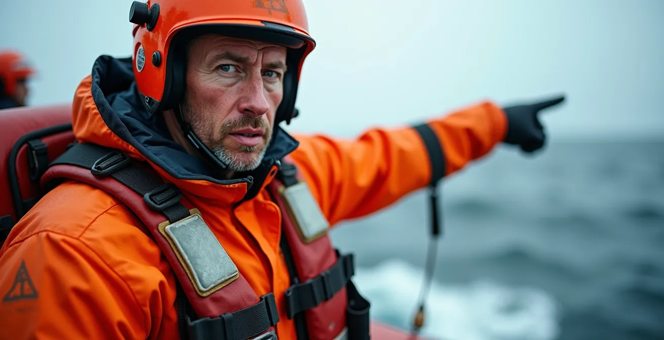 Membre d'équipage en position de vigile pointant vers un homme à la mer dans une mer agitée