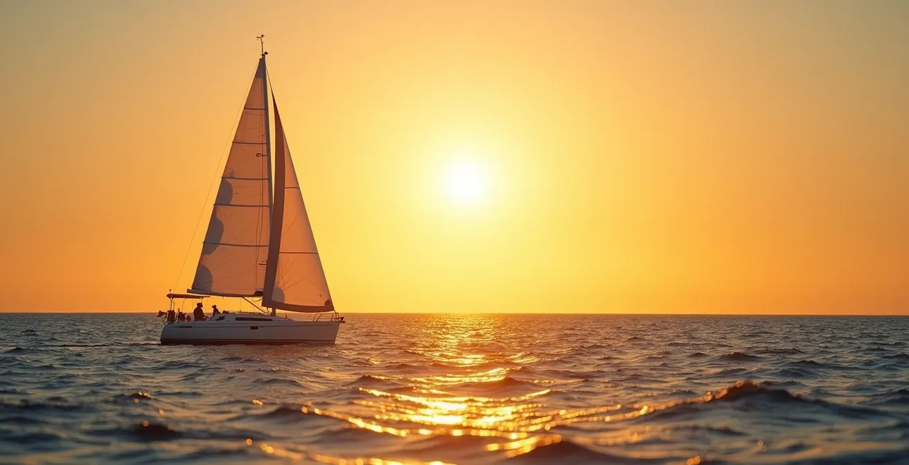 Voilier naviguant au coucher du soleil symbolisant la liberté en mer