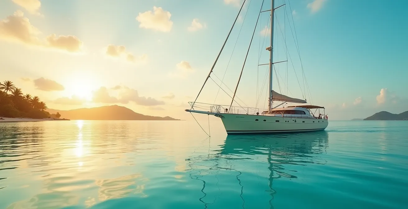 Voilier Amel Super Maramu au mouillage dans une baie turquoise des Caraïbes