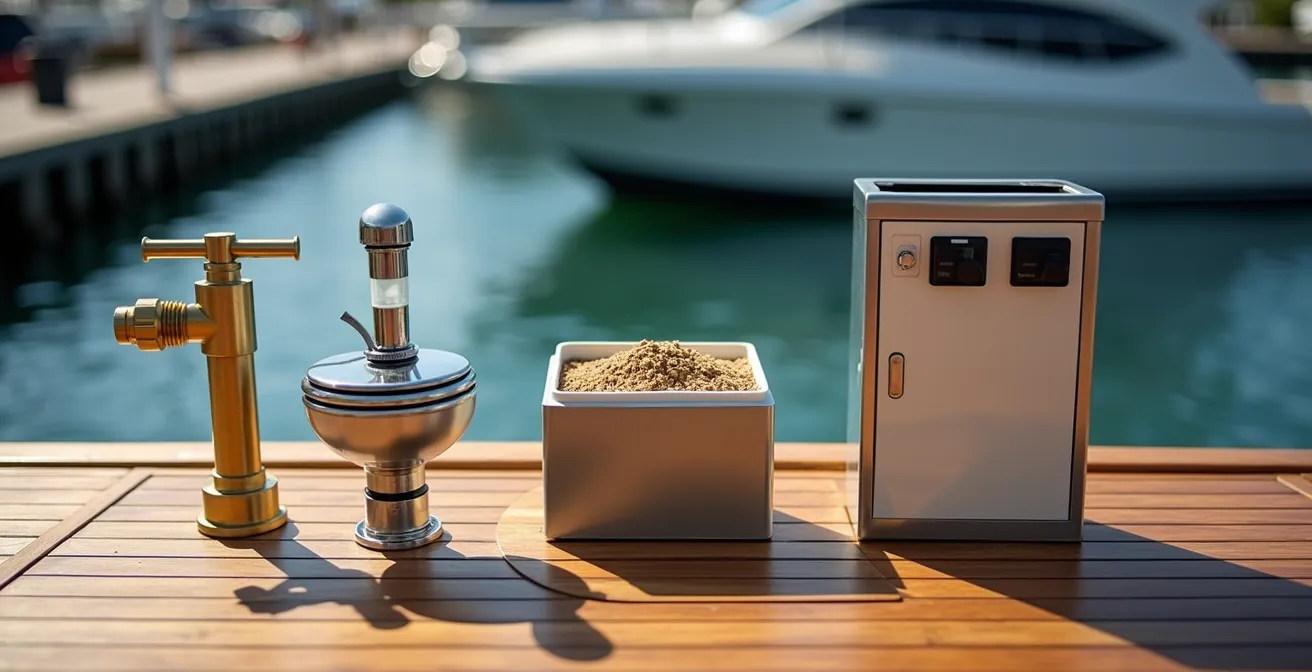 Comparaison visuelle de trois types de toilettes marines dans un contexte nautique