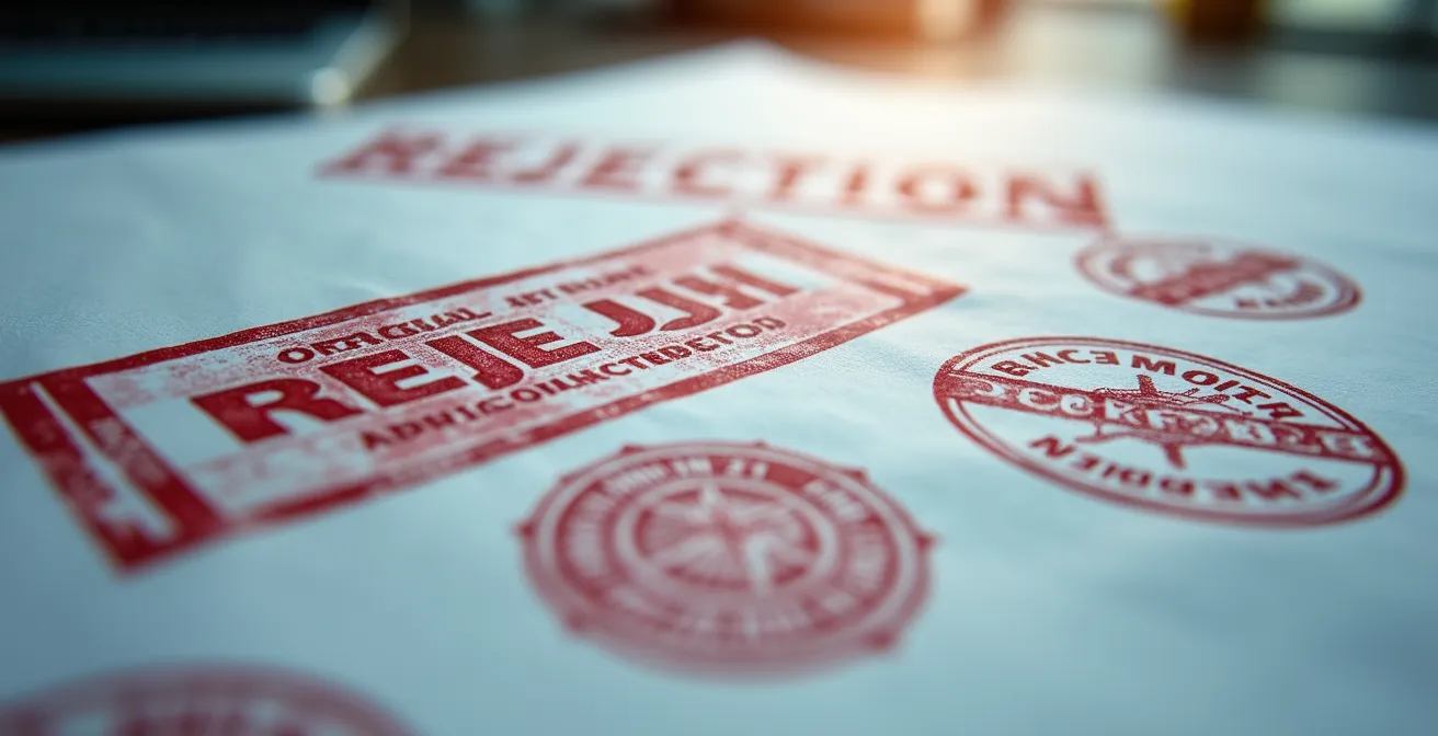 Gros plan sur documents officiels tamponnés avec cachet rouge refusé