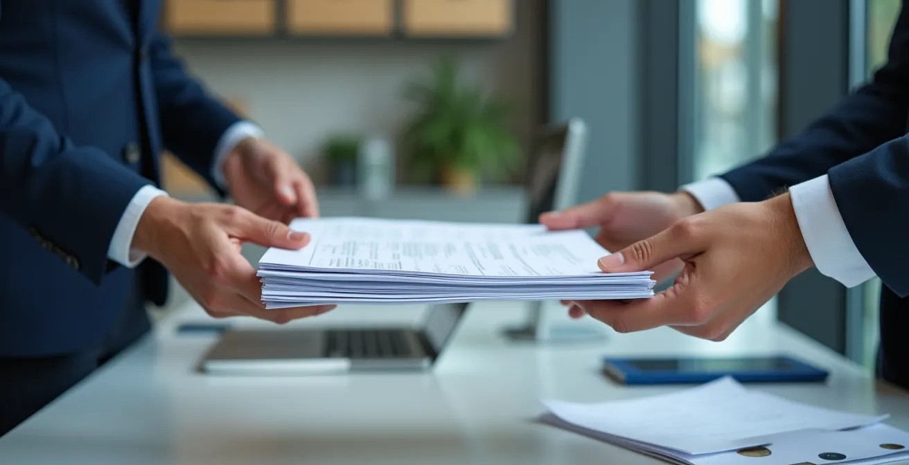 Mains échangeant des documents officiels dans un bureau moderne avec efficacité