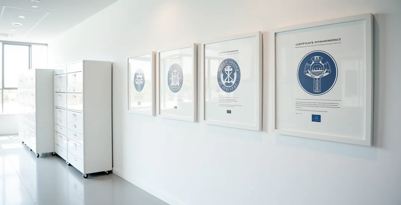 Bureau professionnel avec certificats encadrés et tampons officiels sur le mur