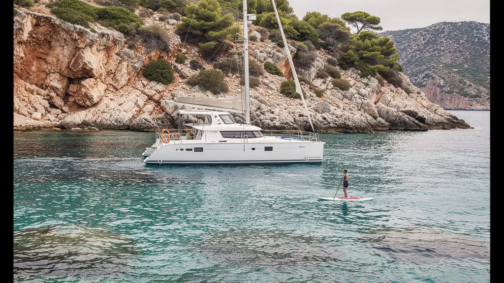 Activité paddle depuis catamaran ancré dans crique méditerranéenne