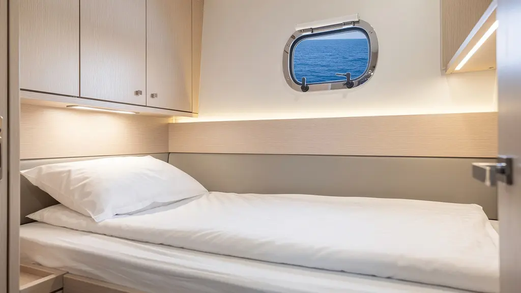 Cabine double catamaran avec hublot vue mer pour croisière tout inclus