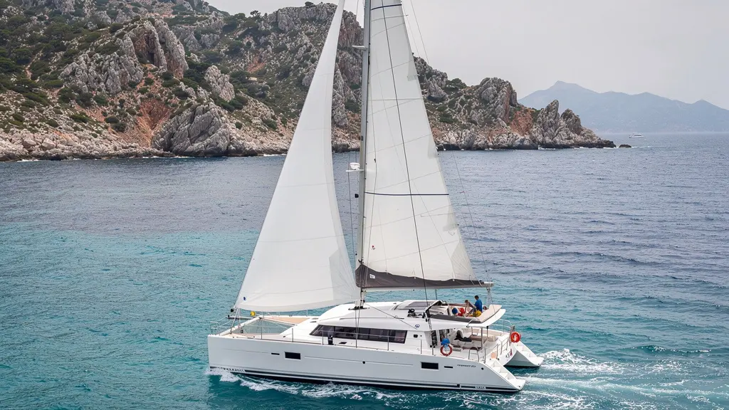 Catamaran blanc naviguant en Méditerranée avec côtes corses en arrière-plan