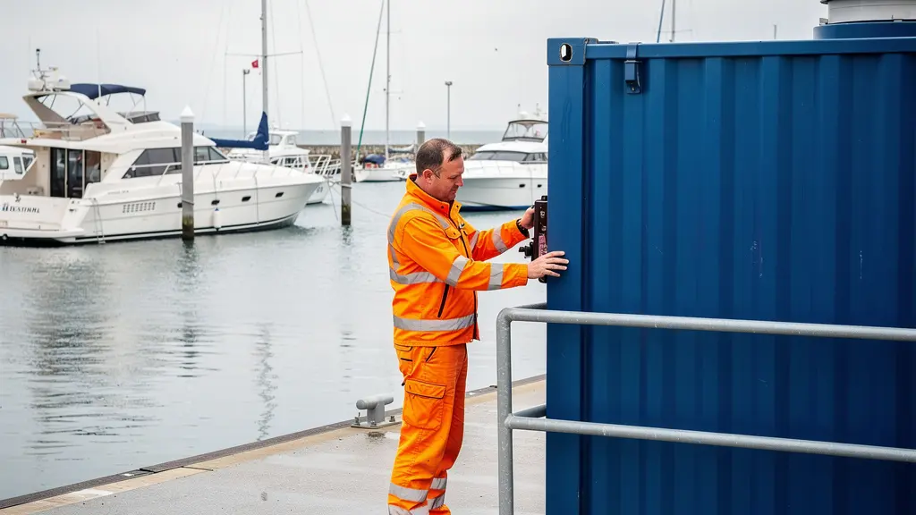 Technicien inspectant une cuve AdBlue conteneurisée sur un quai de marina