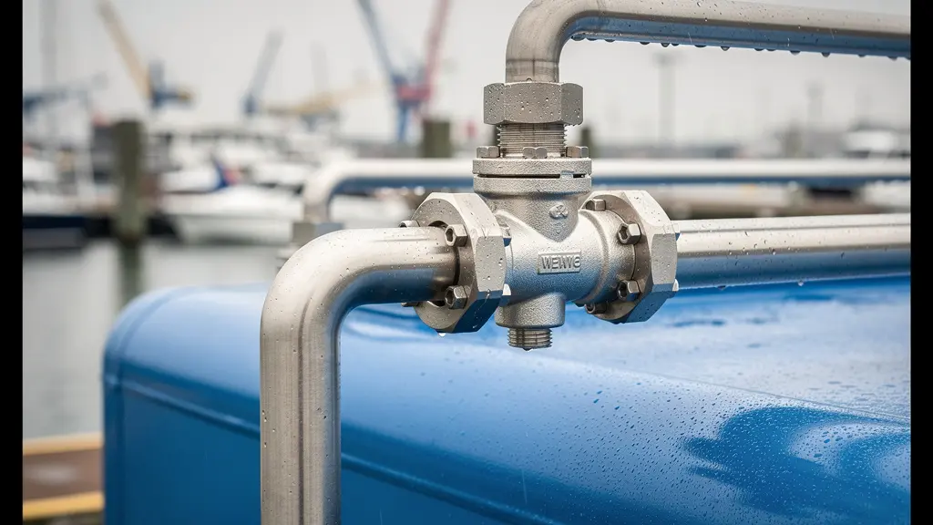 Détail raccorderie inox sur installation AdBlue en environnement marin