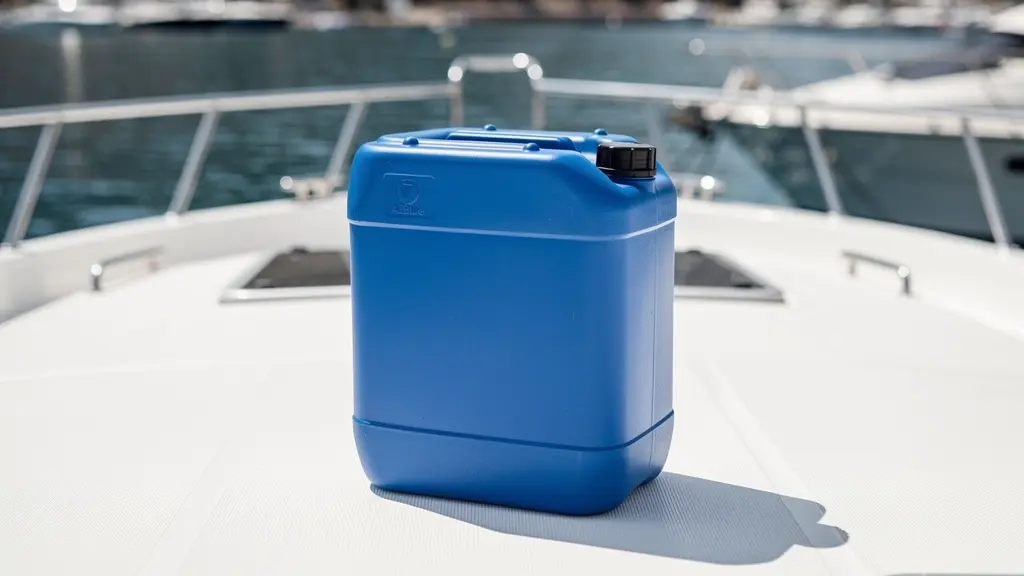 Bidon AdBlue exposé au soleil sur pont arrière de bateau - erreur de stockage