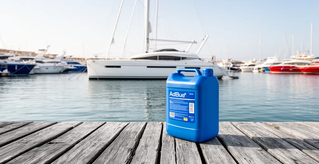 Bidon AdBlue posé sur un ponton en bois dans une marina méditerranéenne