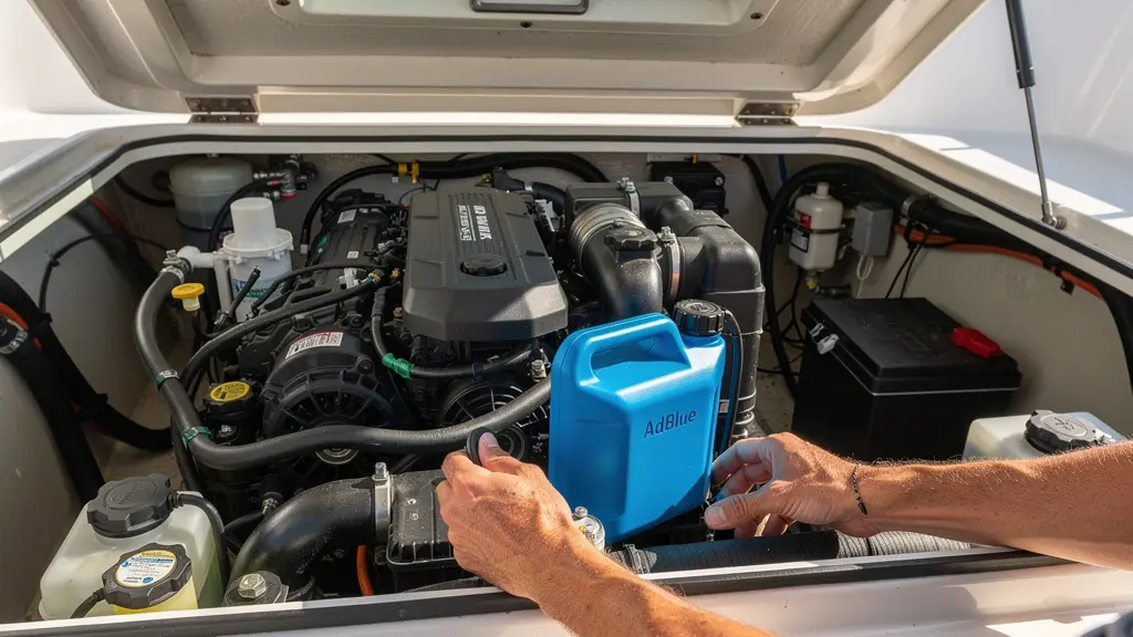 Cale moteur bateau diesel avec jerrican AdBlue stocké correctement