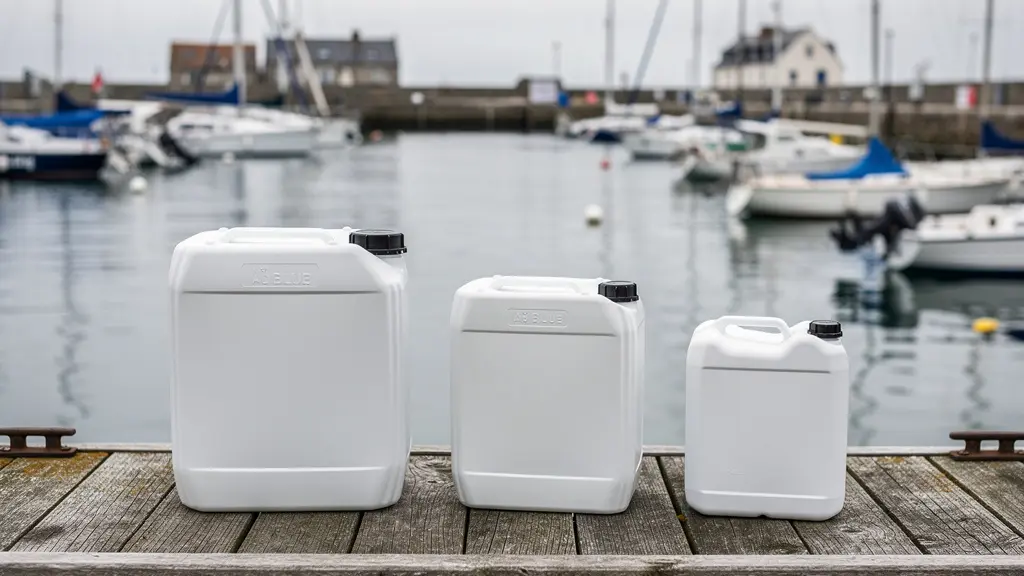 Différents contenants AdBlue alignés sur ponton breton pour comparaison