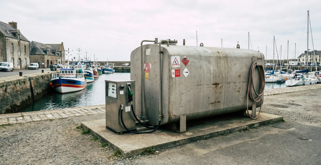 Cuve conteneurisée hors-sol installée sur socle béton dans un environnement portuaire avec bateaux en arrière-plan