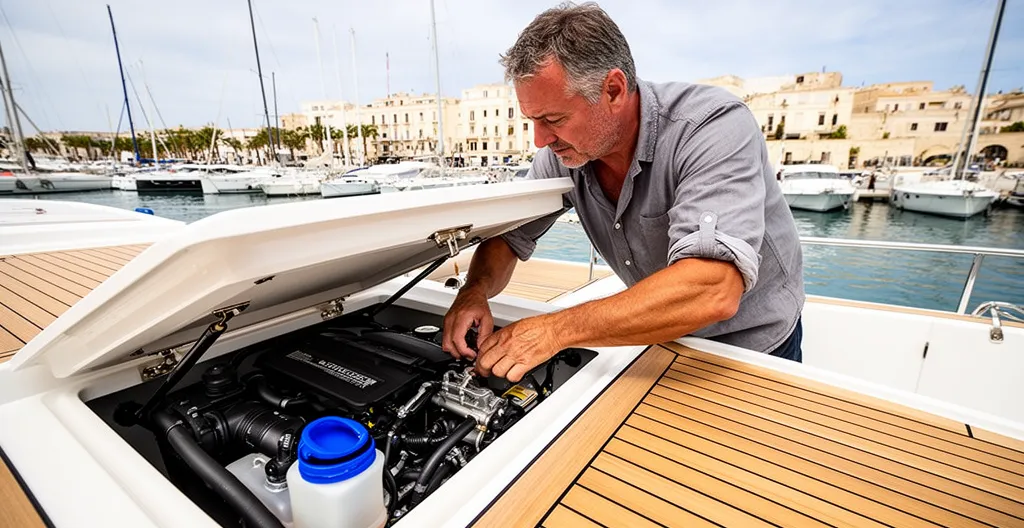 Plaisancier inspectant le compartiment moteur diesel de son bateau en marina