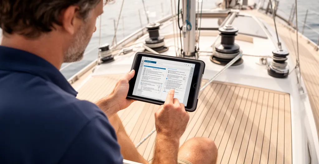 Propriétaire de bateau consultant la documentation technique moteur sur tablette