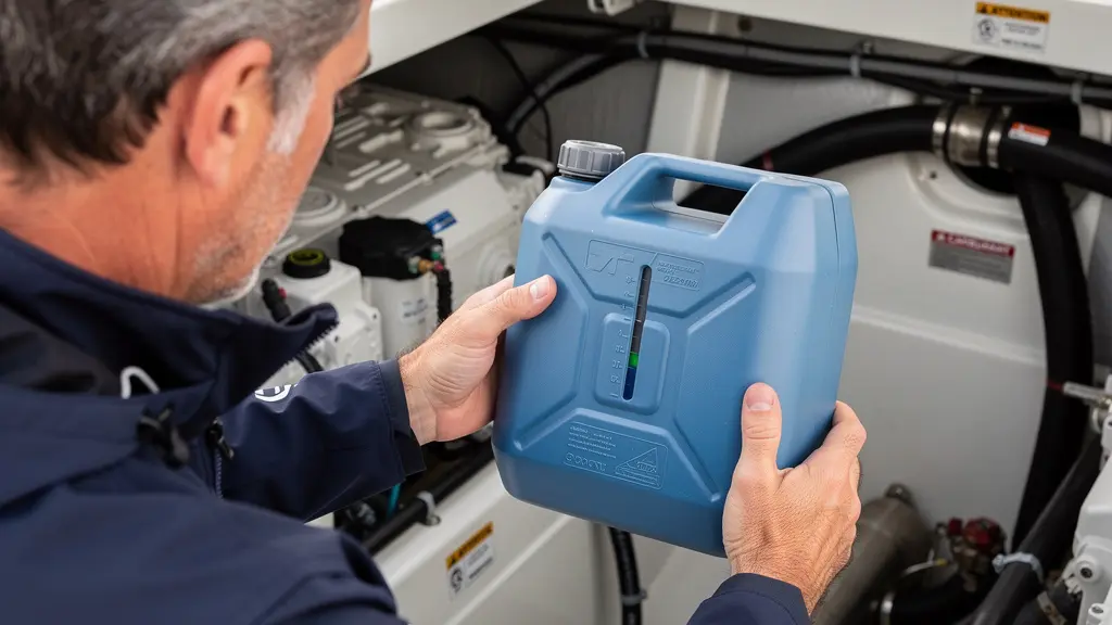 Plaisancier vérifiant son jerrican AdBlue opaque dans la cale moteur