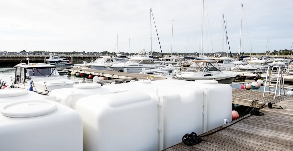 Quai carburant d'un port de plaisance avec cuves de stockage AdBlue et bateaux amarrés
